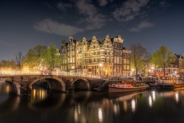 A lit up bridge in Amsterdam 