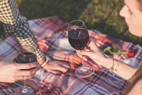 A couple having red wine on a blanket in a park