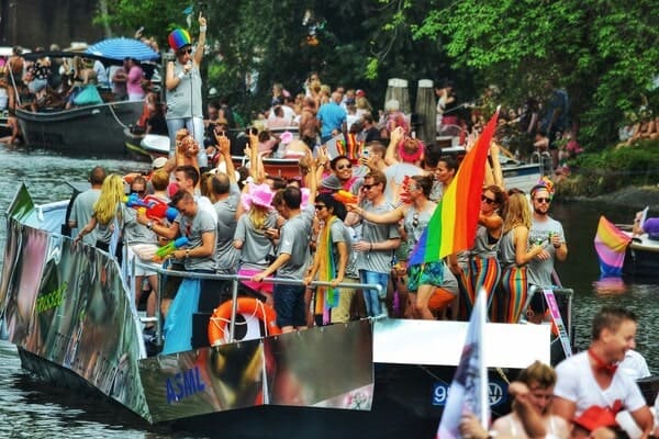 People on a boat at Amsterdam pride