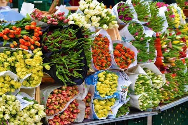 Tulip bouquets at a market