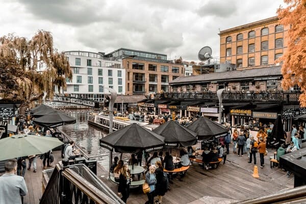people gathered at Camden Market, London 