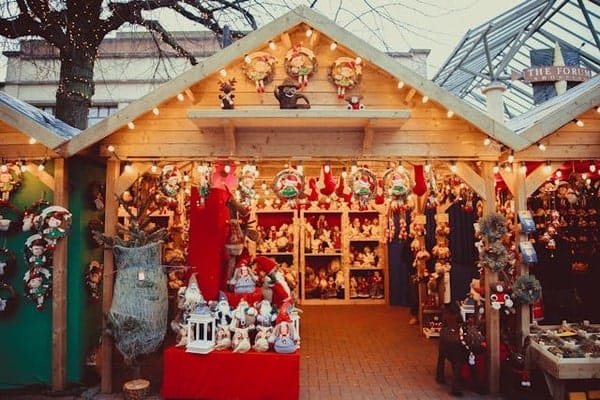Christmas market stand with decorations