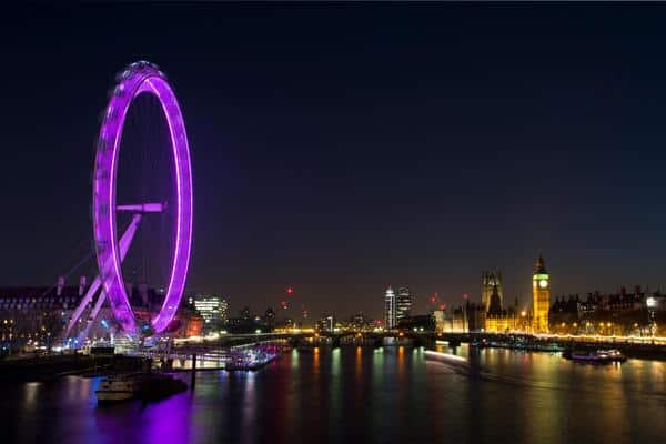 London at Night with the London eye lit up.