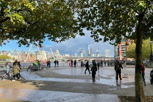 People walking along South Bank, London.