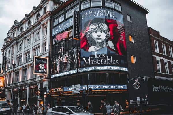 Theatre in the West End, with Les Misérables featuring as the front poster.