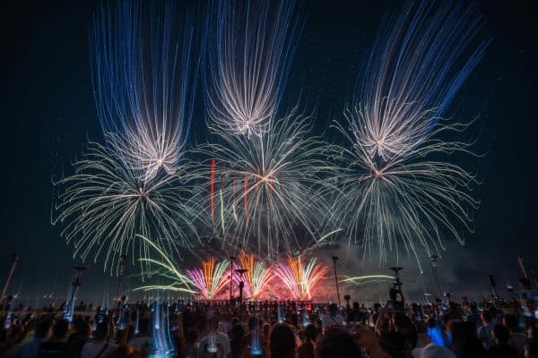 firework display with a large crowd