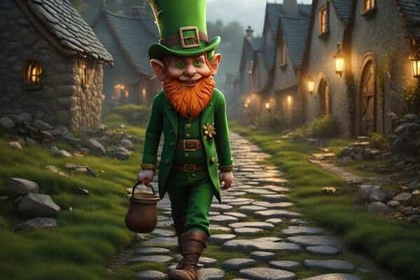 Leprechaun walking with a cauldron