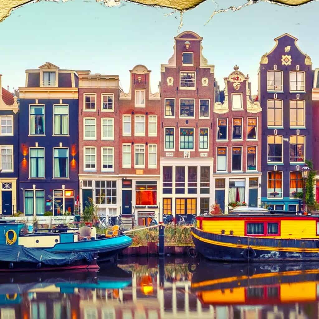 colourful buildings behind a canal with boats on it