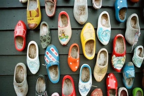 A collection of colourful traditional wooden clogs