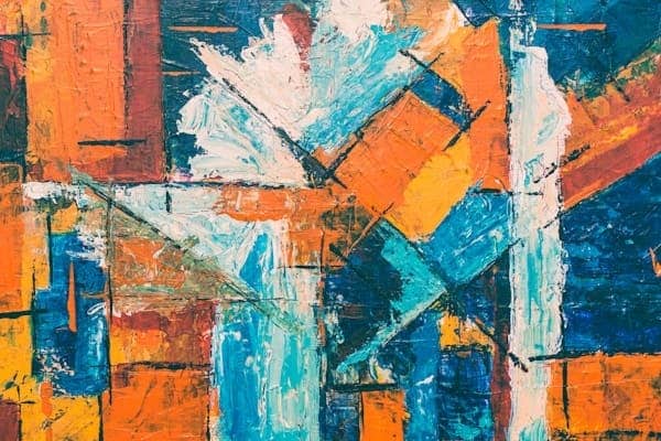 Abstract painting in blue, orange and white