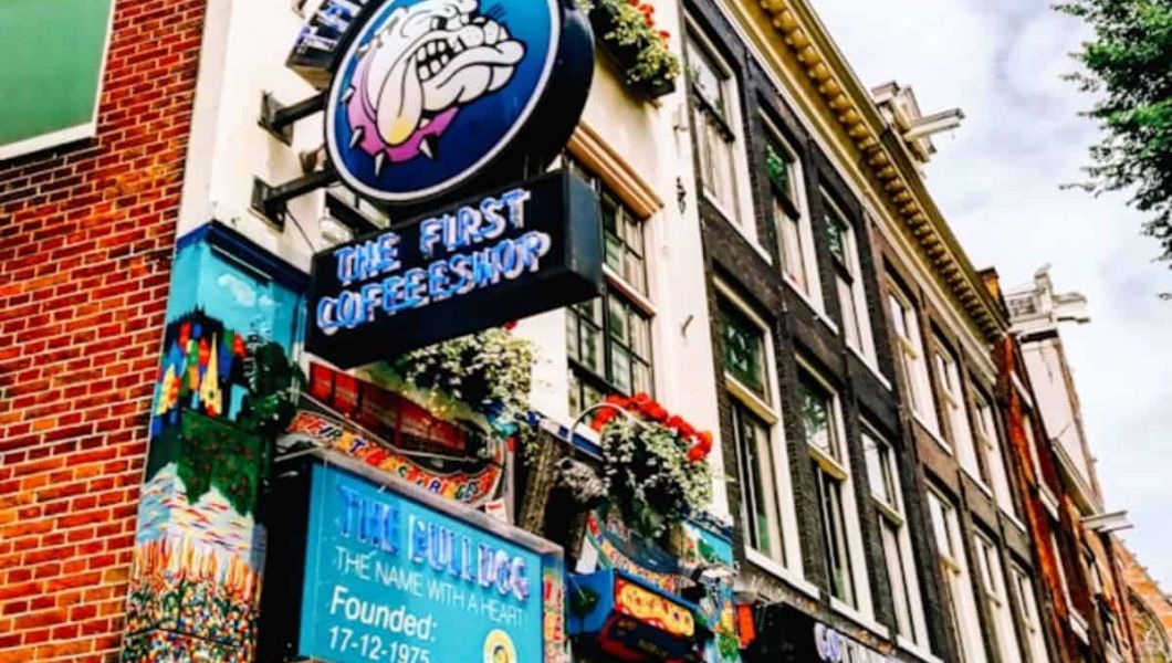 Outside of a coffee shop in Amsterdam.